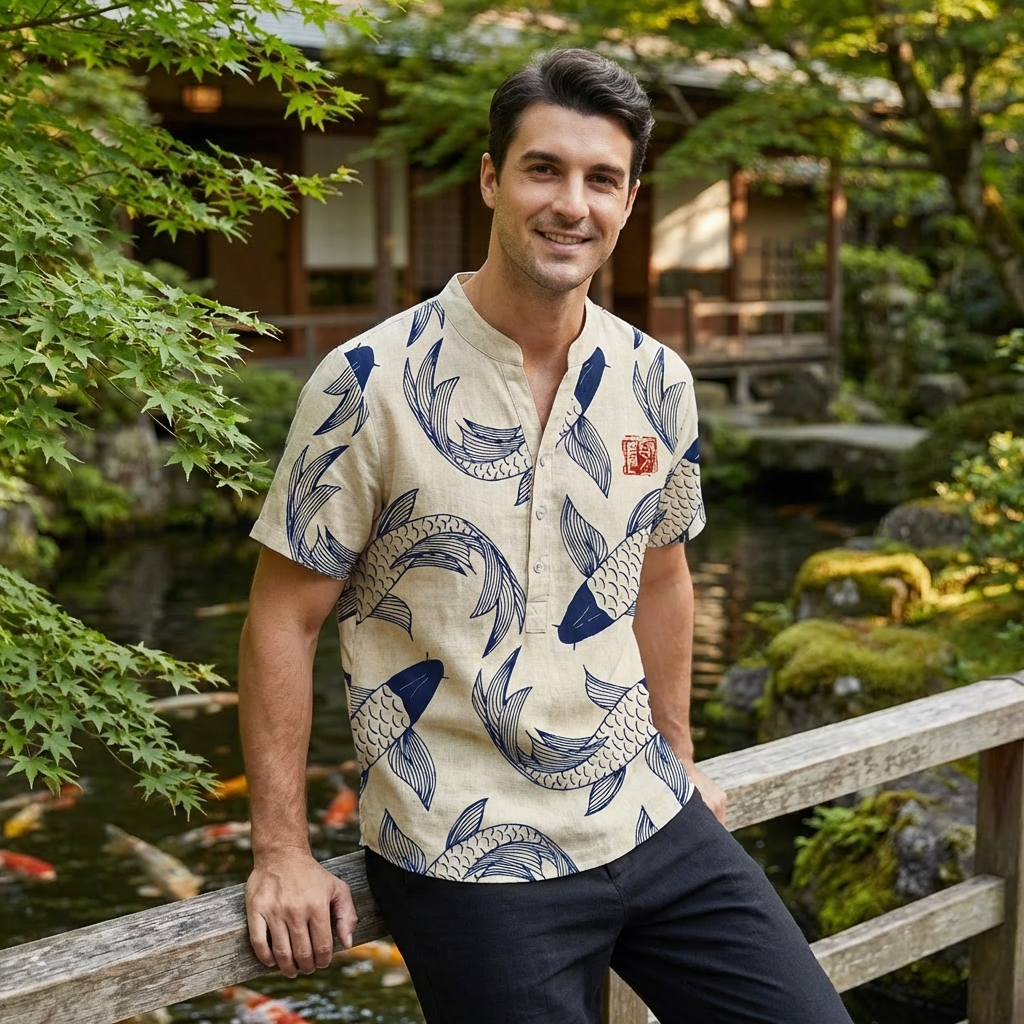 Camisa Hombre Estampado Koi Cuello Mao Casual
