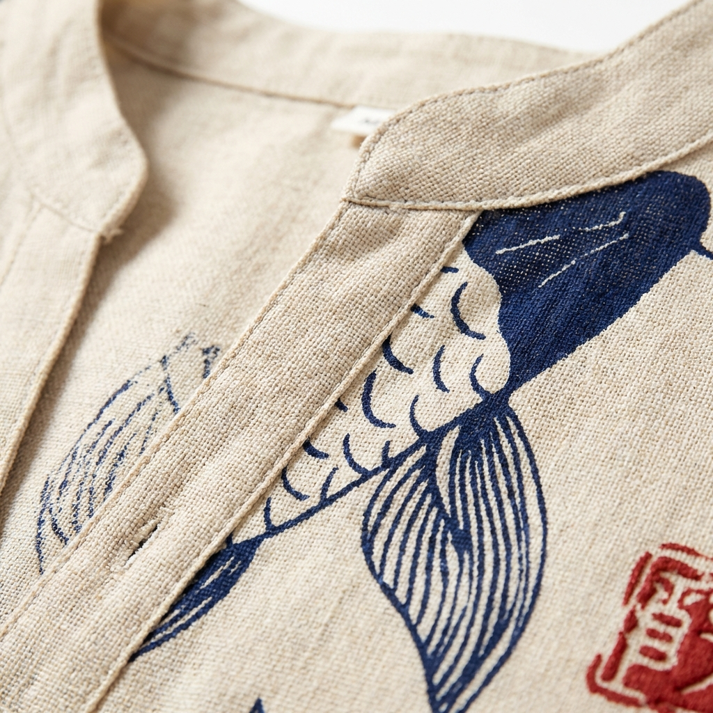 Camisa Hombre Estampado Koi Cuello Mao Casual