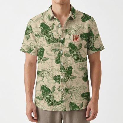 Camisa Hombre Poliéster Estampado Peces Cuello Mao Manga Corta