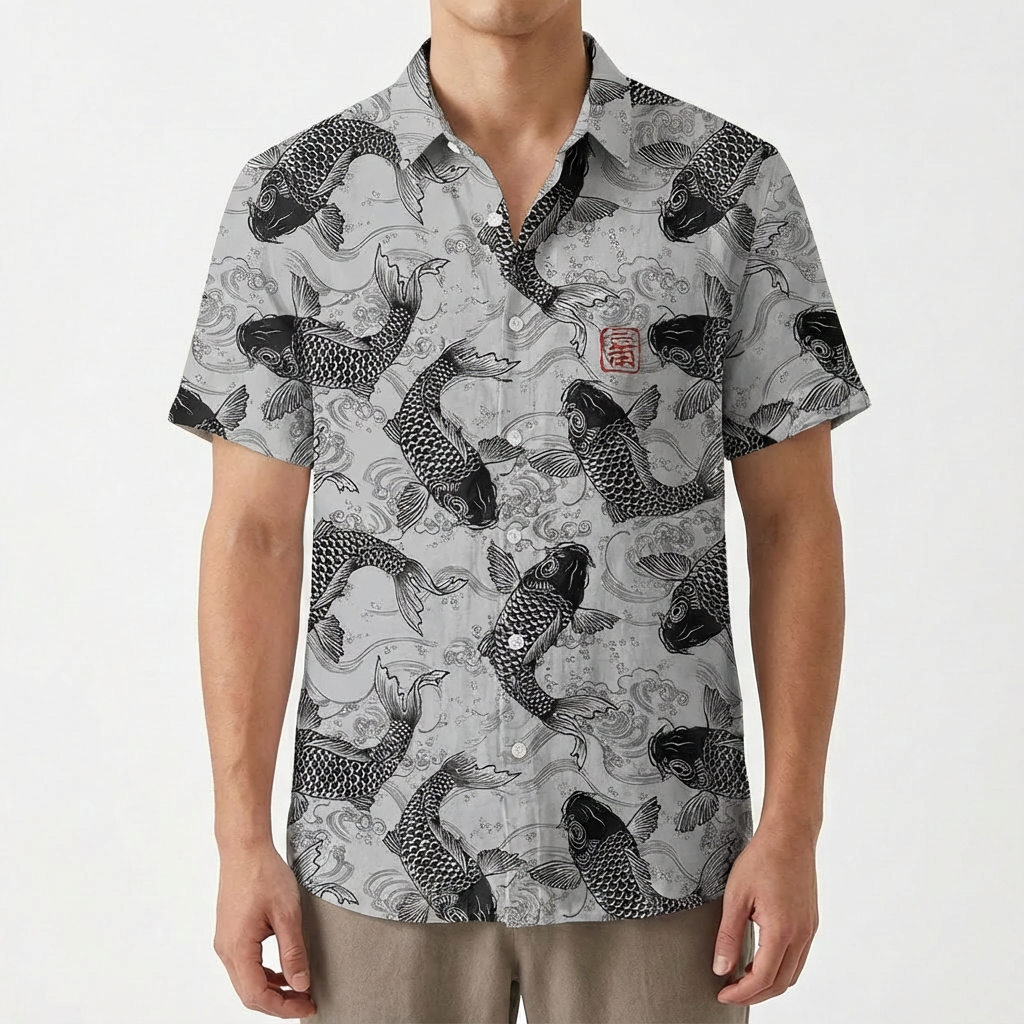 Camisa Hombre Estampado Koi Cuello Mao Casual
