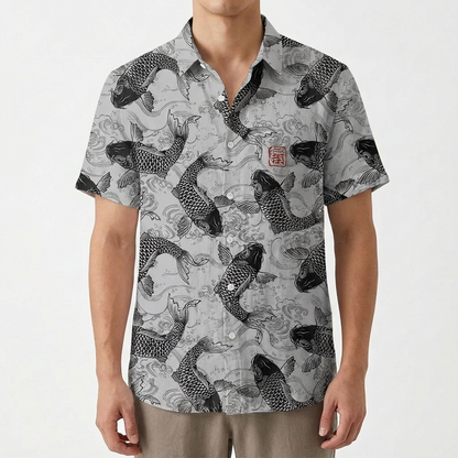 Camisa Hombre Estampado Koi Cuello Mao Casual