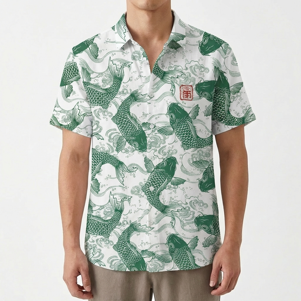 Camisa Hombre Estampado Koi Cuello Mao Casual