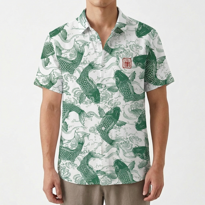 Camisa Hombre Estampado Koi Cuello Mao Casual