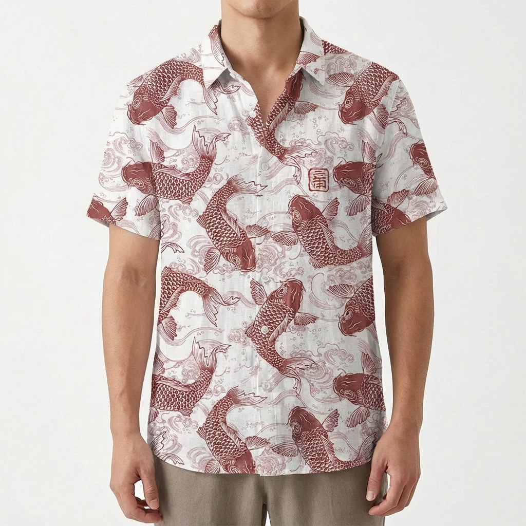Camisa Hombre Estampado Koi Cuello Mao Casual