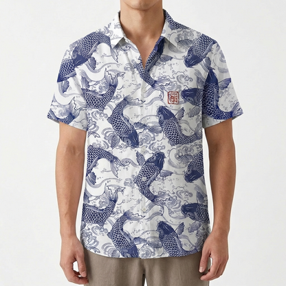 Camisa Hombre Estampado Koi Cuello Mao Casual