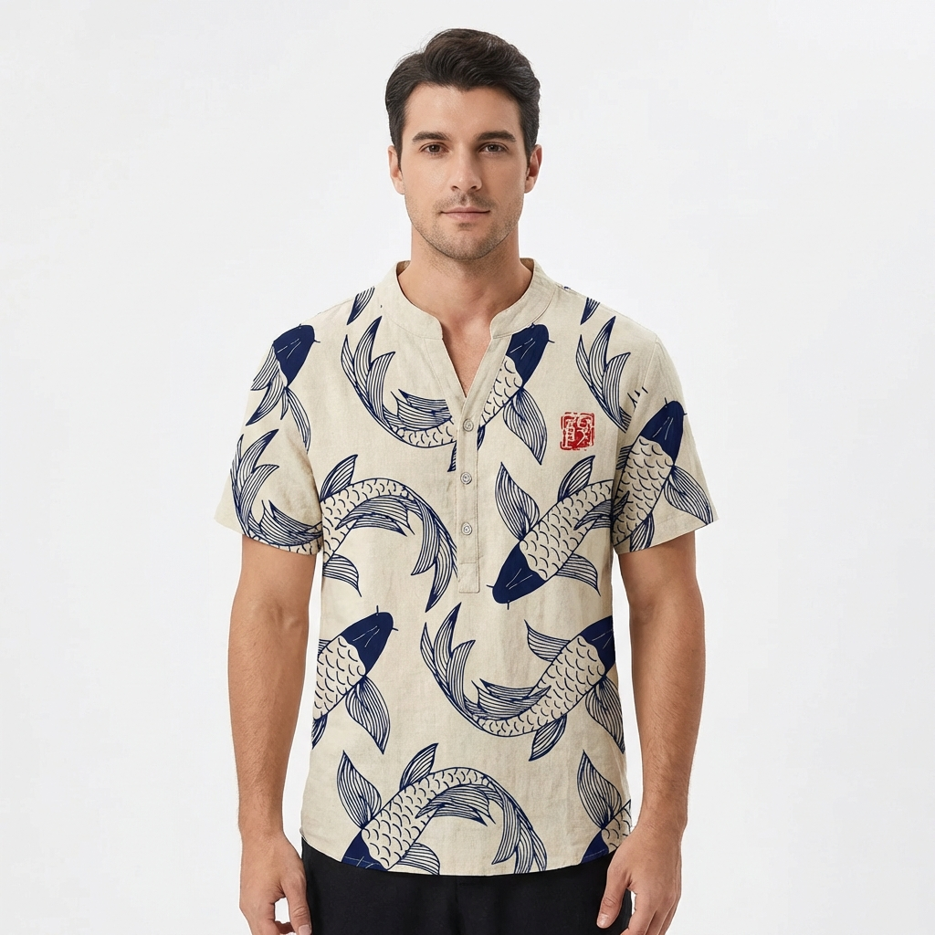 Camisa Hombre Estampado Koi Cuello Mao Casual - Mavetta