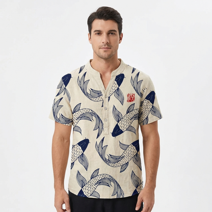 Camisa Hombre Estampado Koi Cuello Mao Casual - Mavetta