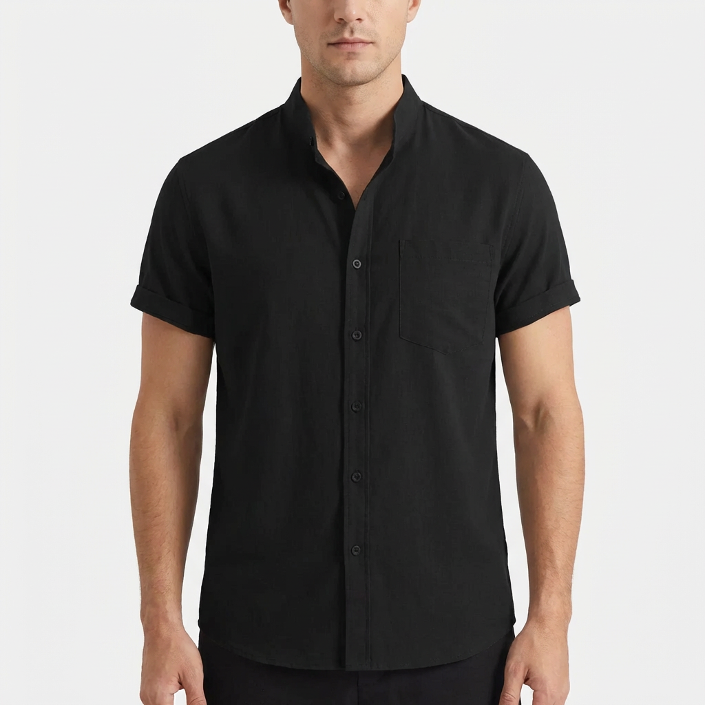 Camisa Hombre Manga Corta Algodón Cuello Mao Bolsillo Frontal