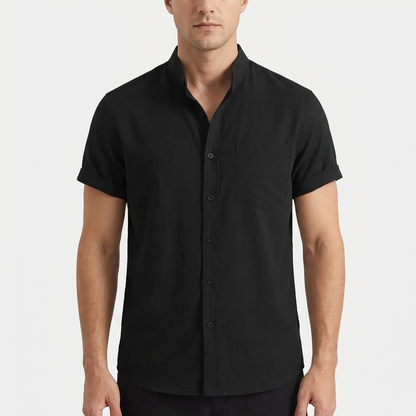 Camisa Hombre Manga Corta Algodón Cuello Mao Bolsillo Frontal