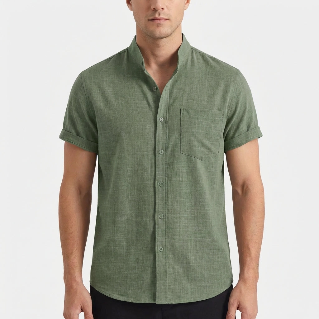 Camisa Hombre Manga Corta Algodón Cuello Mao Bolsillo Frontal