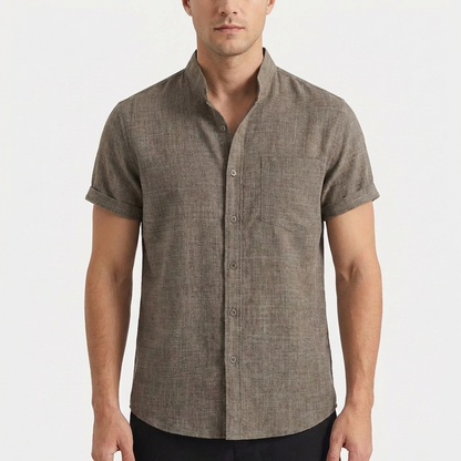 Camisa Hombre Manga Corta Algodón Cuello Mao Bolsillo Frontal