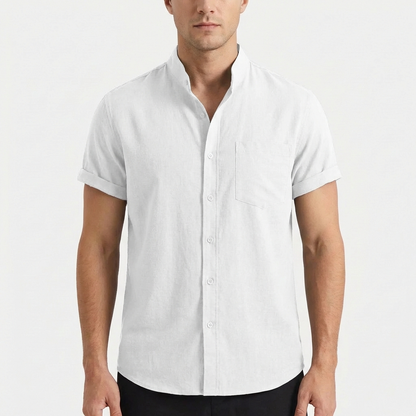 Camisa Hombre Manga Corta Algodón Cuello Mao Bolsillo Frontal