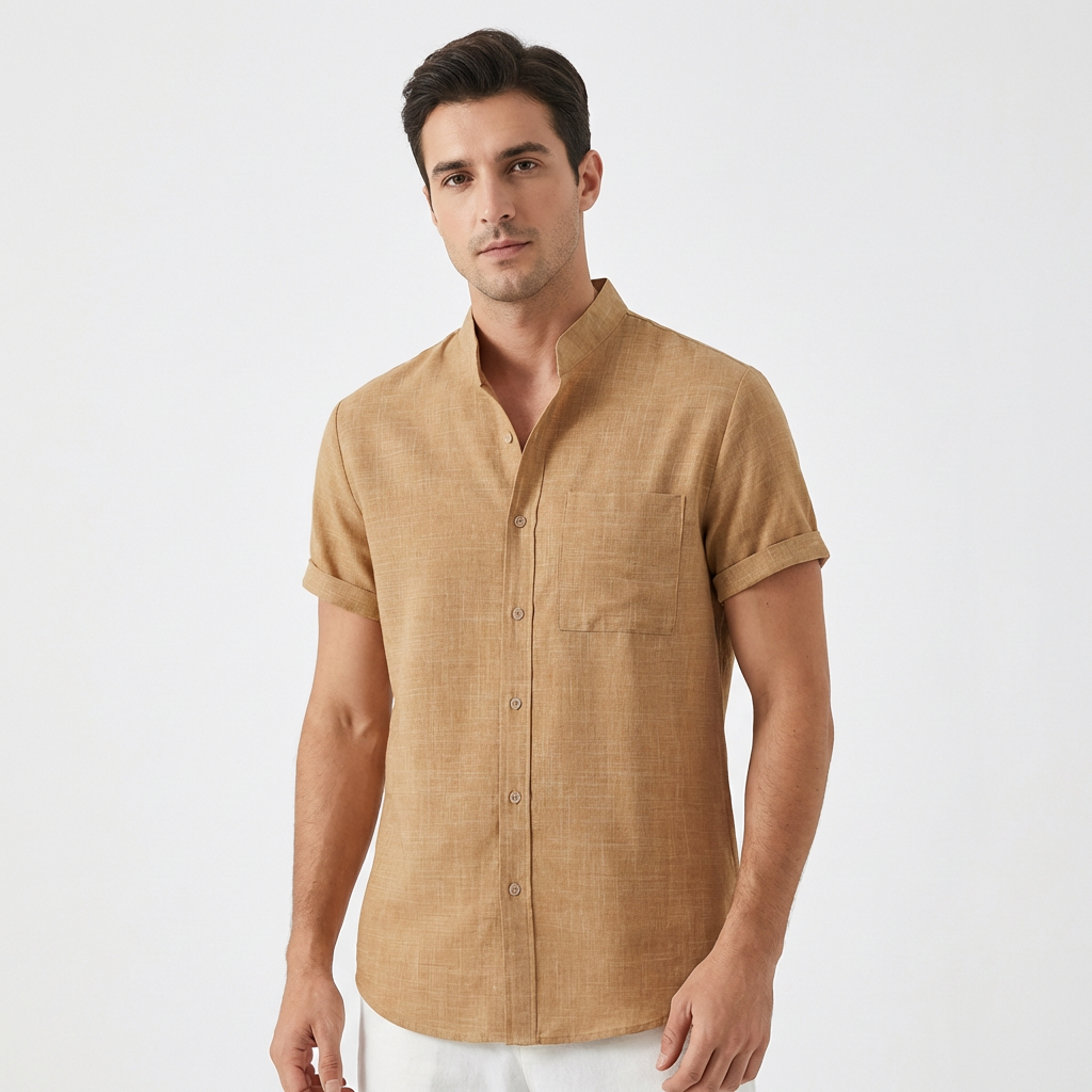 Camisa Hombre Manga Corta Algodón Cuello Mao Bolsillo Frontal - Mavetta