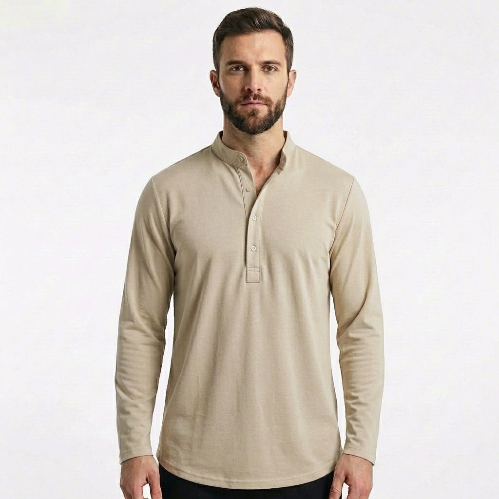Camiseta Hombre Cuello Mao Botones Manga Larga