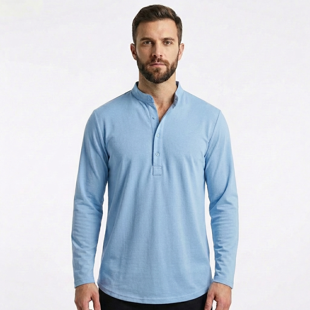 Camiseta Hombre Cuello Mao Botones Manga Larga