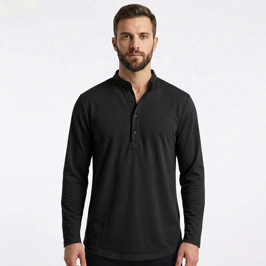 Camiseta Hombre Cuello Mao Botones Manga Larga