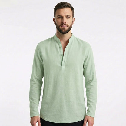 Camiseta Hombre Cuello Mao Botones Manga Larga