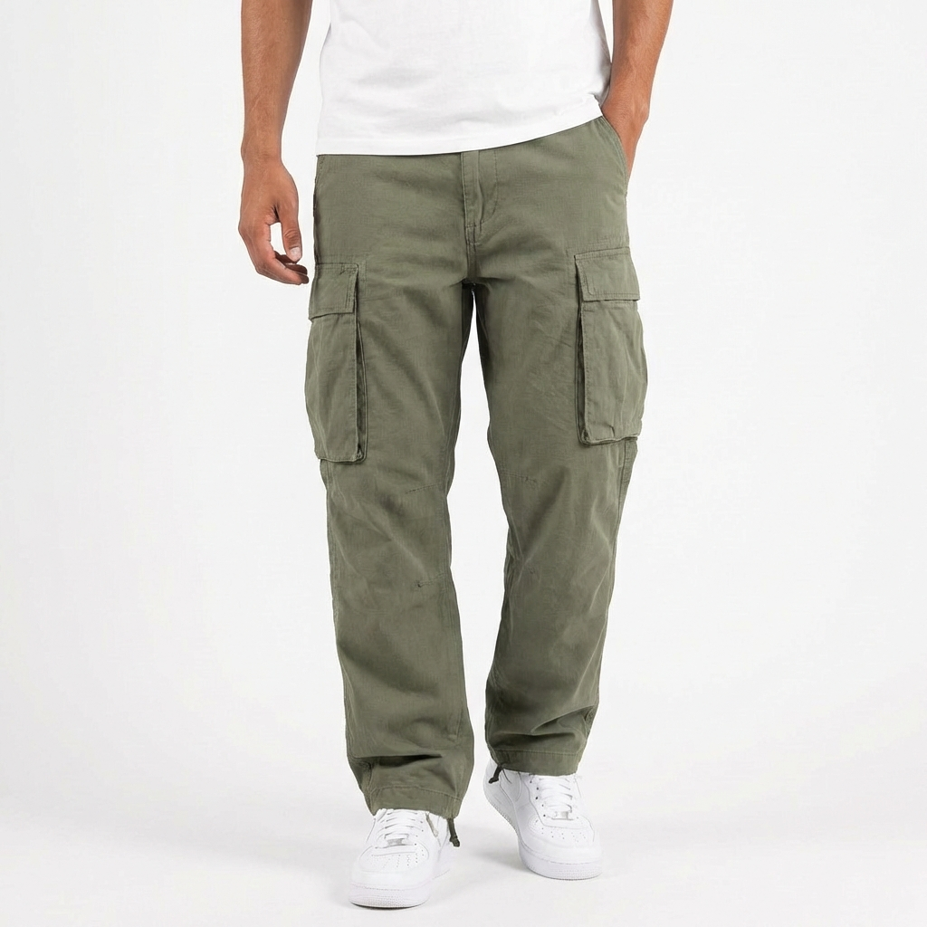 Pantalón Cargo Hombre Algodón Bolsillos con Solapa Corte Holgado
