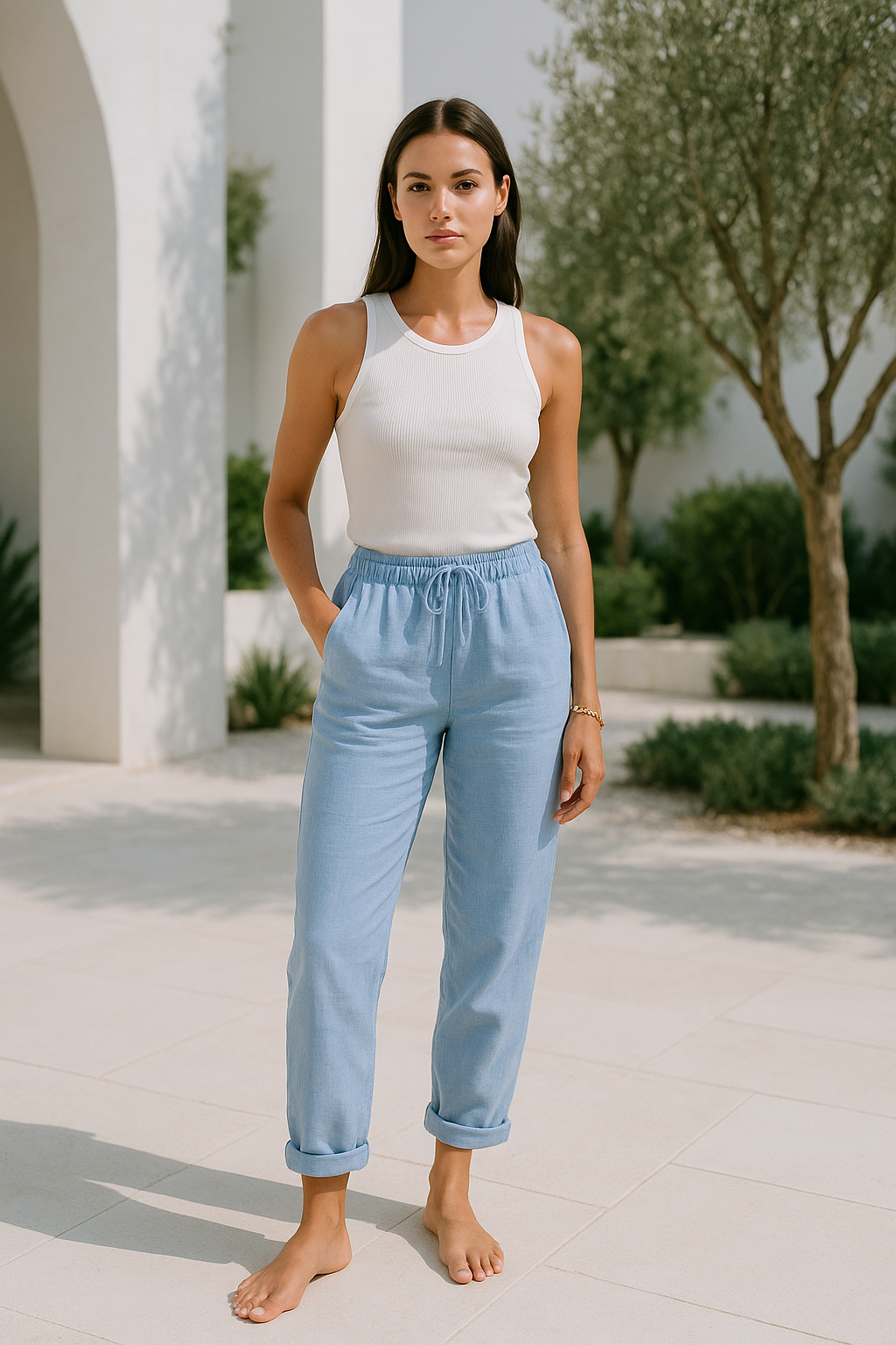 Pantalones mujer con corte relajado y cordón ajustable