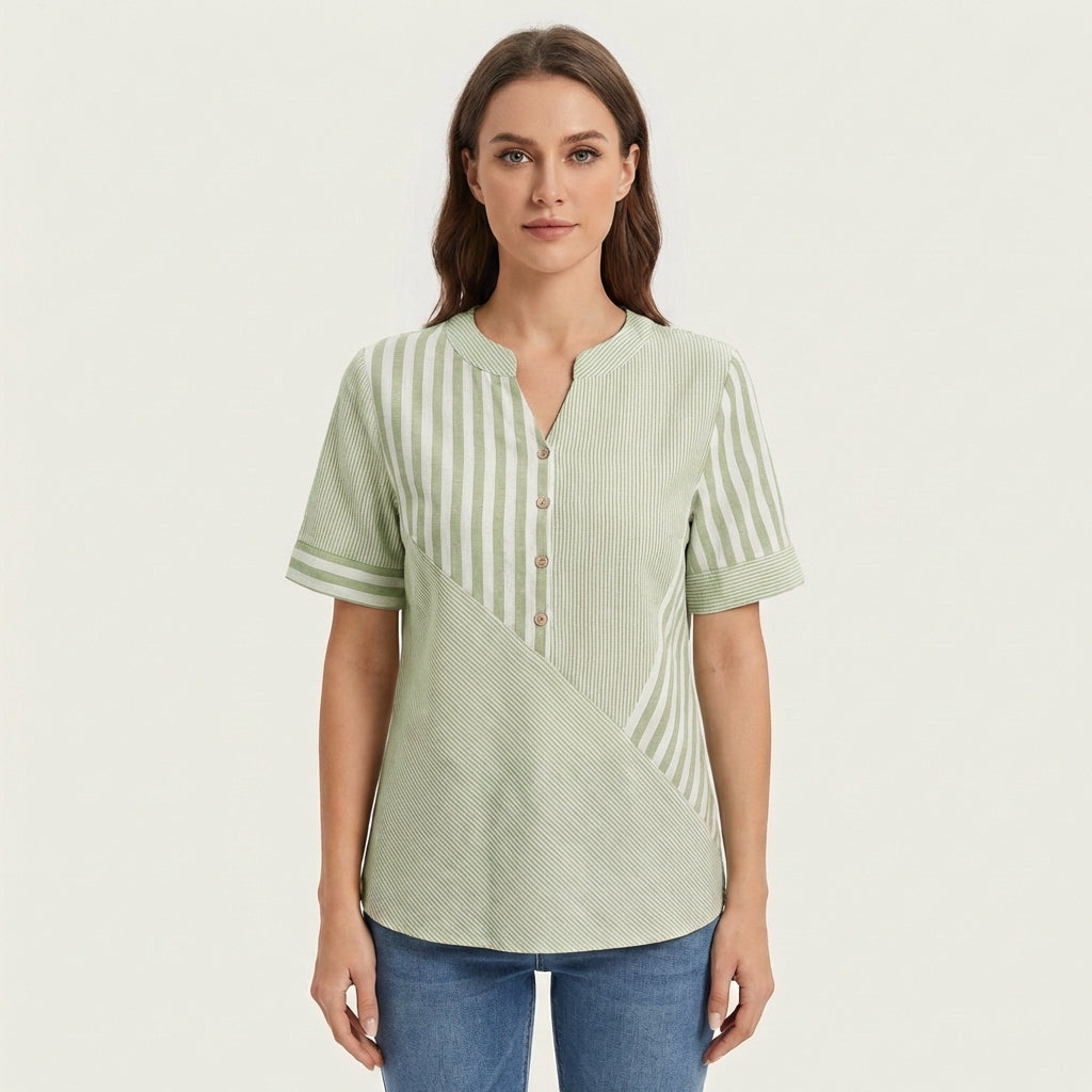 Blusa Mujer Patchwork Algodón Botones Ajuste Regular
