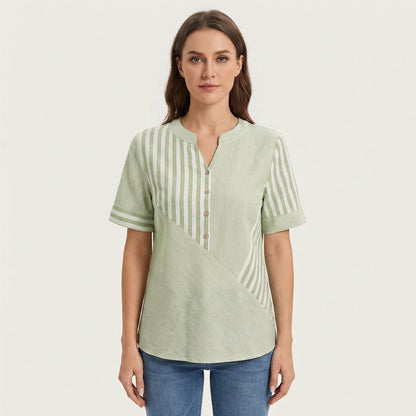 Blusa Mujer Patchwork Algodón Botones Ajuste Regular