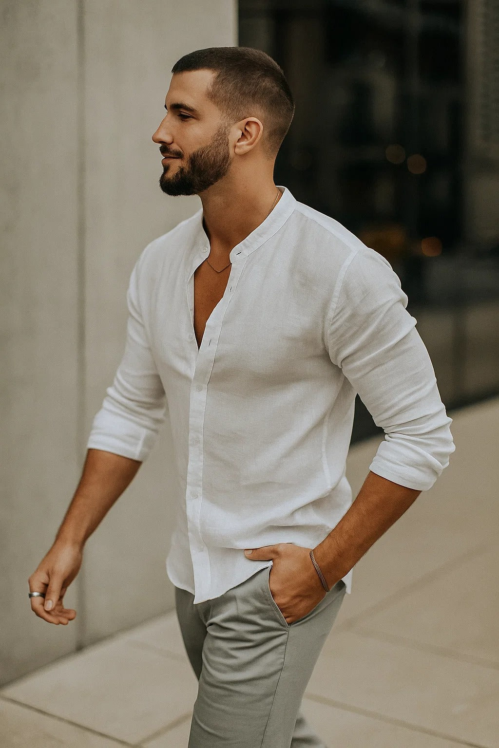 Camisa Hombre de Lino Cuello Clasico Manga Tres Cuartos Ajustable