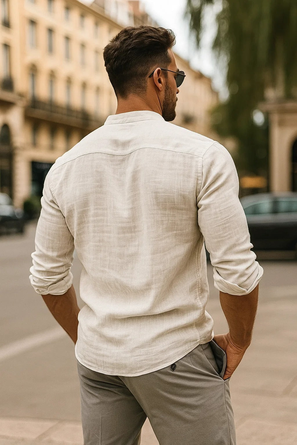 Camisa Hombre de Lino Cuello Clasico Manga Tres Cuartos Ajustable