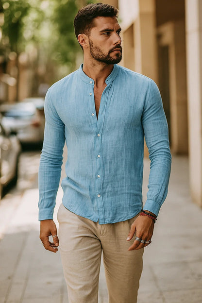 Camisa Hombre de Lino Cuello Clasico Manga Tres Cuartos Ajustable