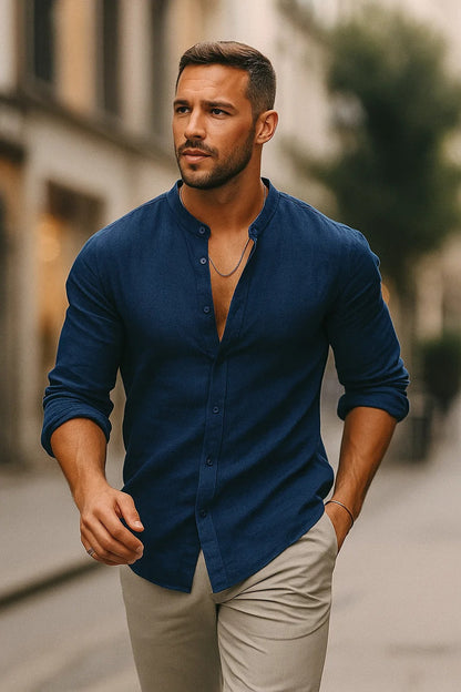 Camisa Hombre de Lino Cuello Clasico Manga Tres Cuartos Ajustable