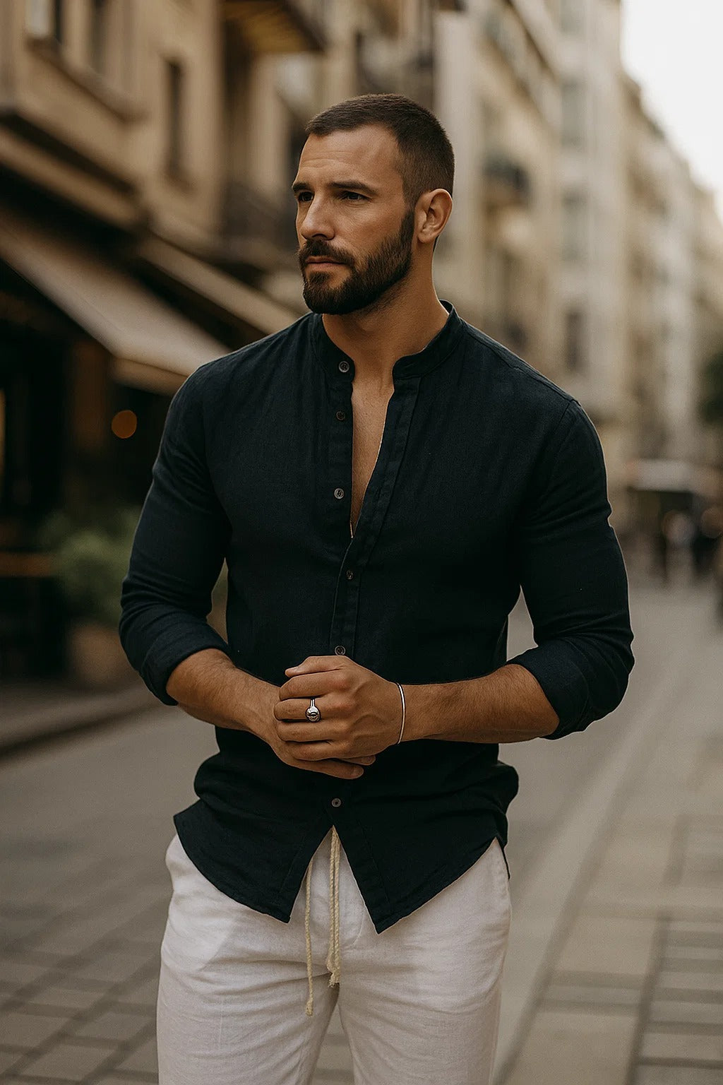 Camisa Hombre de Lino Cuello Clasico Manga Tres Cuartos Ajustable