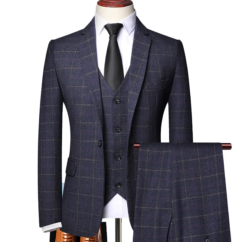 Traje Hombre Tres Piezas Primavera Cuadros Finos Ajustado