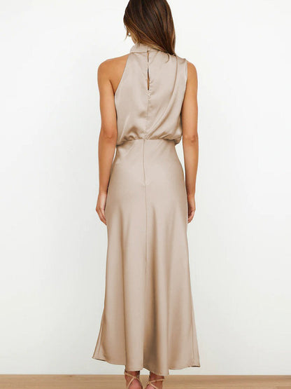 Vestido midi mujer de satén con cuello drapeado elegante