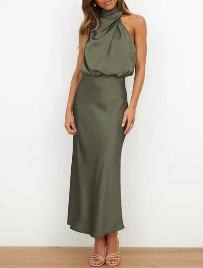 Vestido midi mujer de satén con cuello drapeado elegante