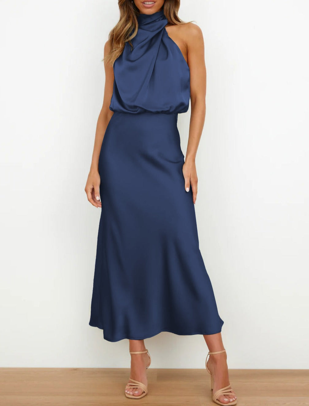 Vestido midi mujer de satén con cuello drapeado elegante