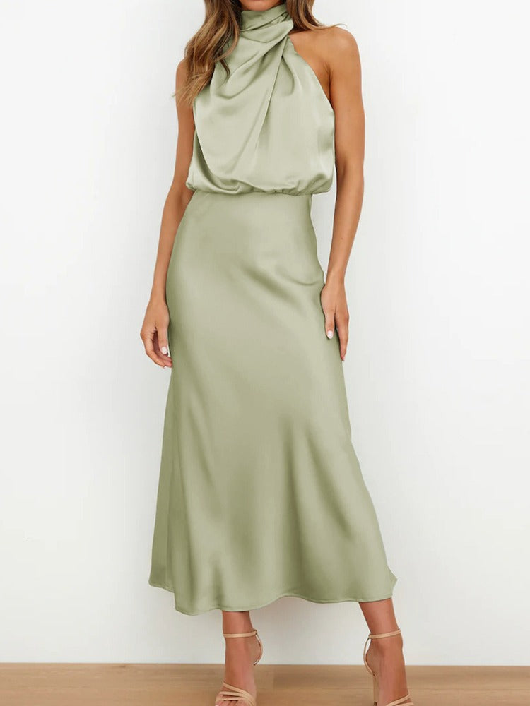 Vestido midi mujer de satén con cuello drapeado elegante