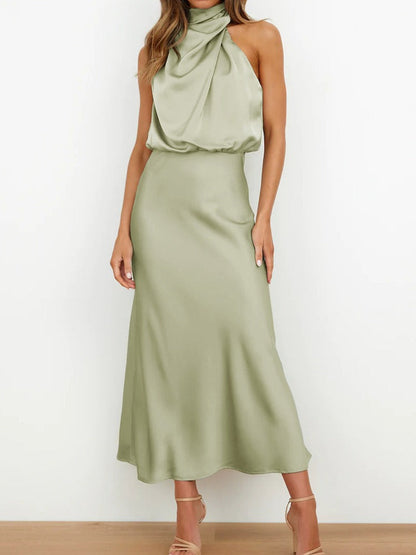 Vestido midi mujer de satén con cuello drapeado elegante