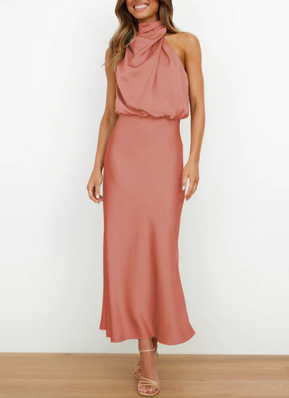 Vestido midi mujer de satén con cuello drapeado elegante