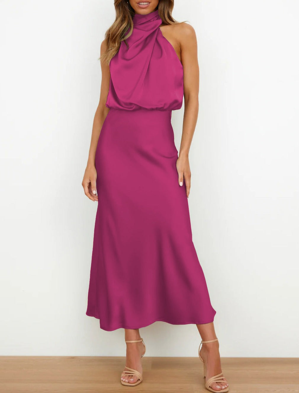 Vestido midi mujer de satén con cuello drapeado elegante
