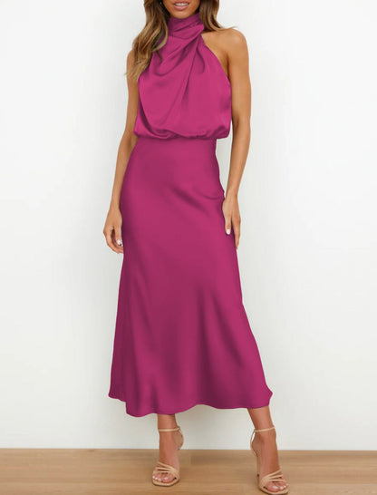 Vestido midi mujer de satén con cuello drapeado elegante