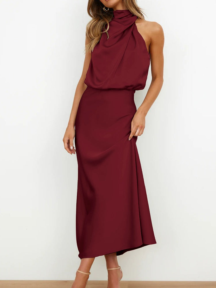 Vestido midi mujer de satén con cuello drapeado elegante