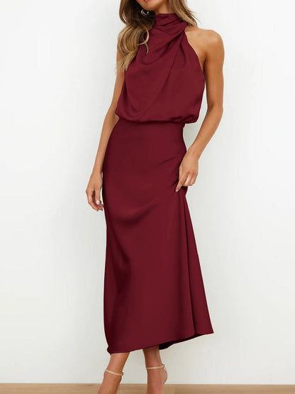Vestido midi mujer de satén con cuello drapeado elegante