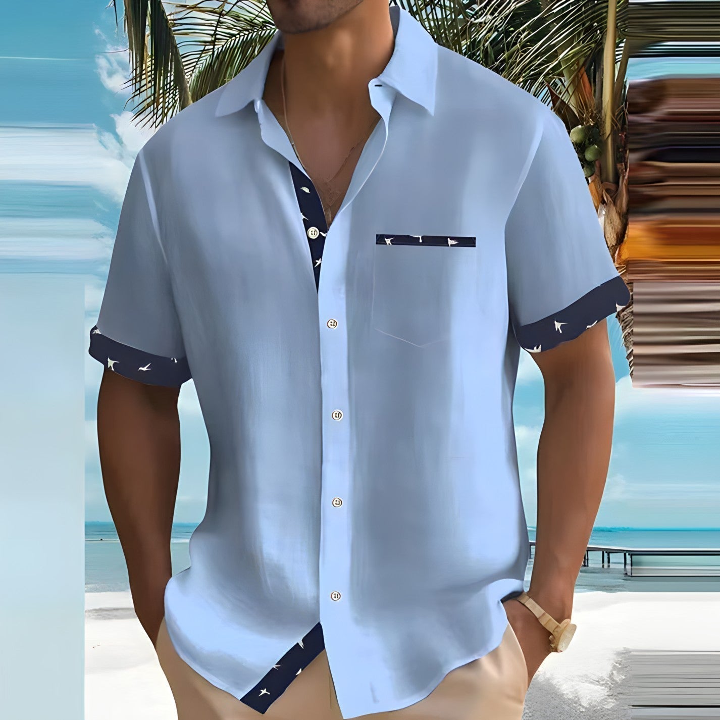 Camisa casual hombre Algodón ribete contraste ajuste regular