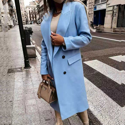 Abrigo Largo Mujer con Solapa y Doble Botonadura Basico