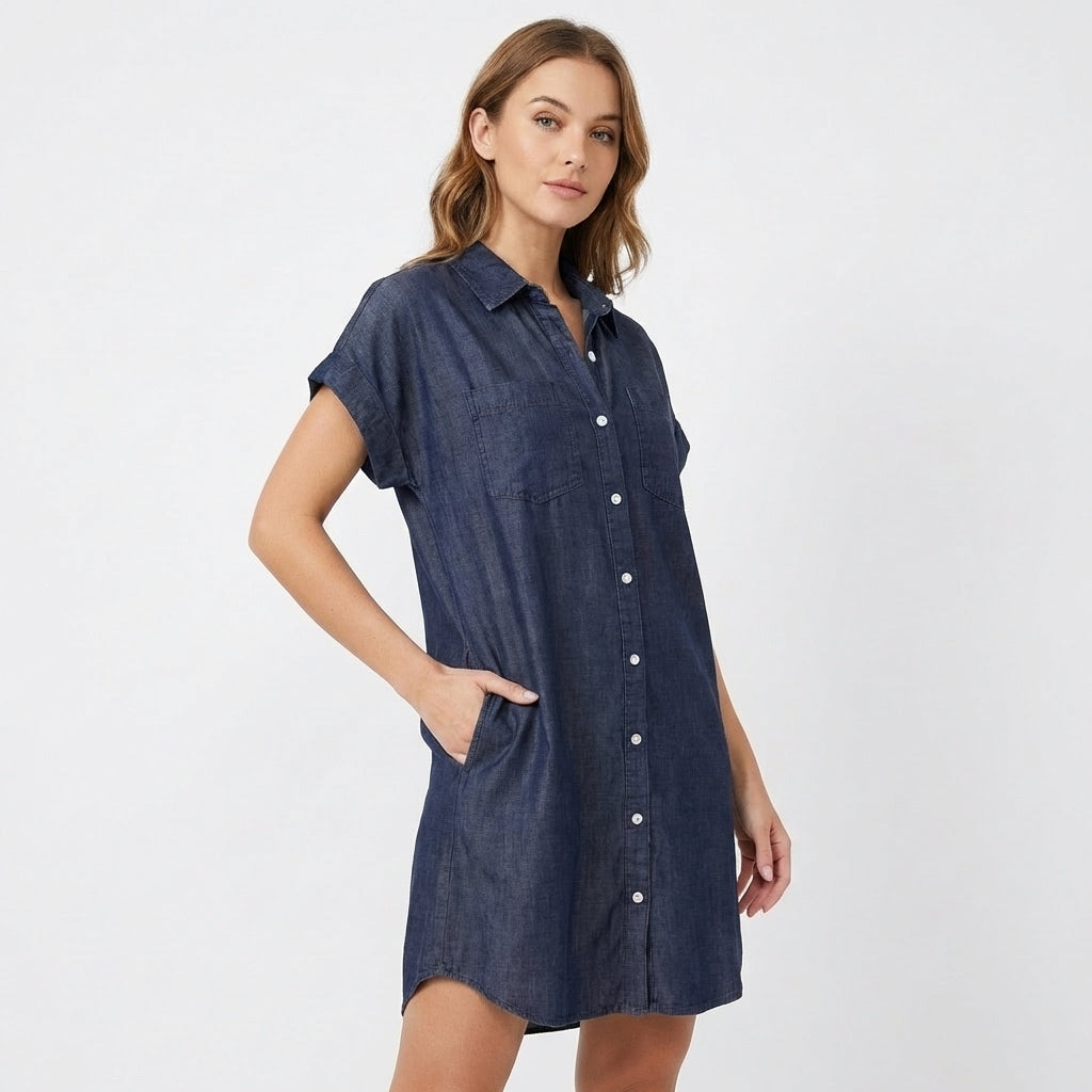 Vestido Camisero Mujer Denim Manga Corta Casual