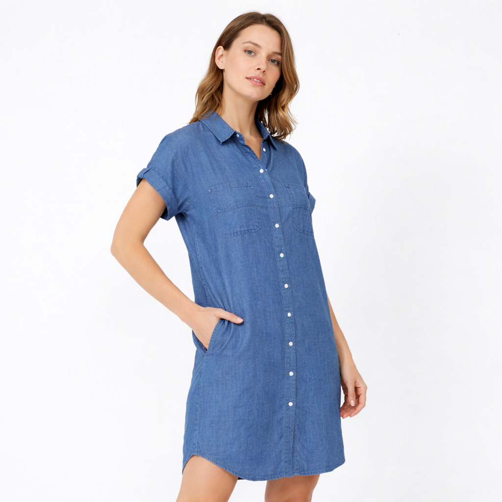 Vestido Camisero Mujer Denim Manga Corta Casual - Mavetta