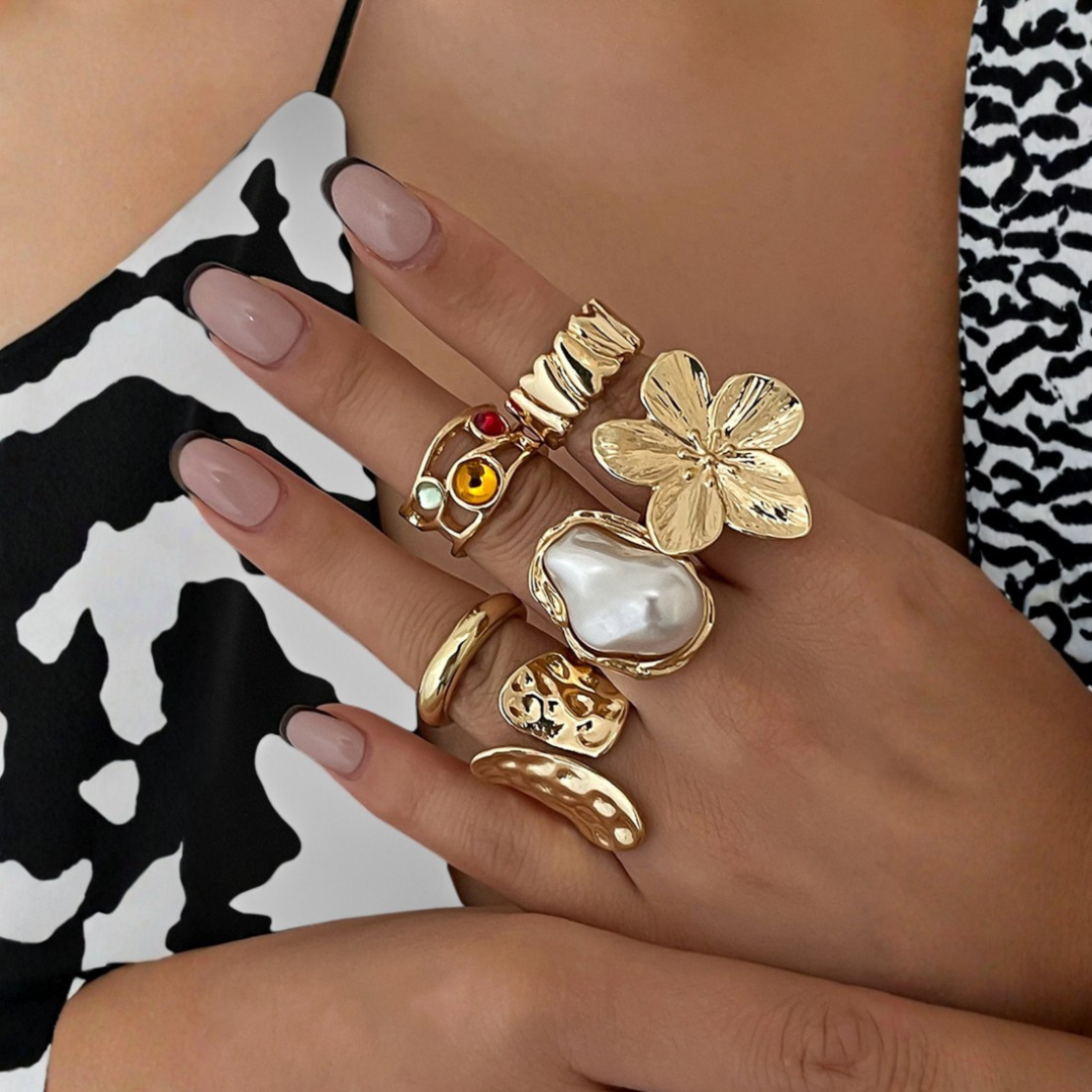 Conjunto de Anillos Mujer con Perla Ajuste Clásico