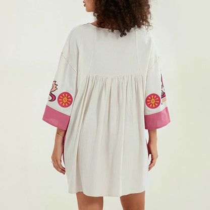 Vestido túnica mujer con bordados escote en V