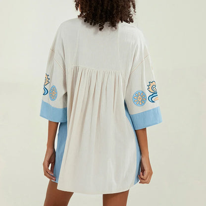Vestido túnica mujer con bordados escote en V