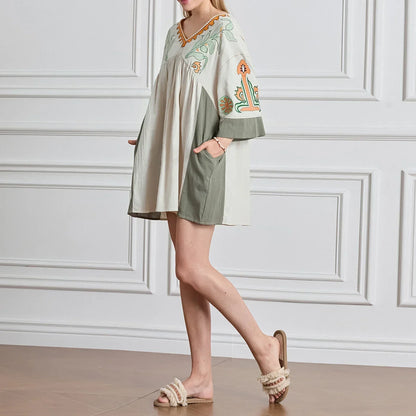 Vestido túnica mujer con bordados escote en V