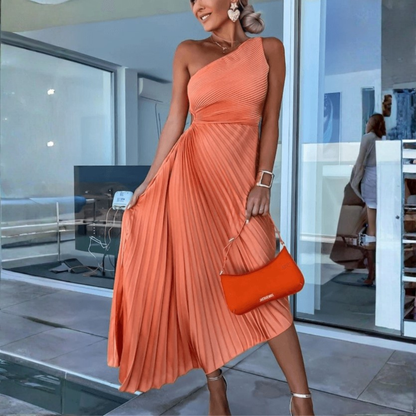 Vestido Midi Mujer Plisado Asimétrico Un Hombro - Mavetta